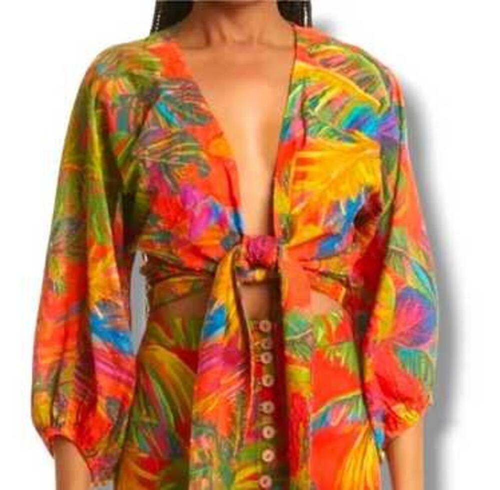 FARM Rio Tie-Front Tropical Rainforest Printed Blouse, XL